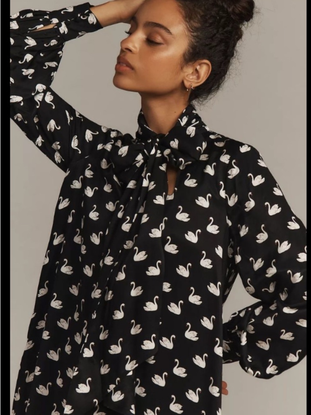 Maeve Black Blouse with White Swan Tie-Neck #14